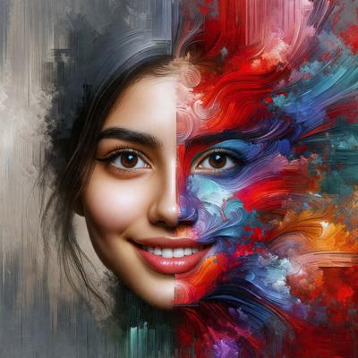 The primary subject of the image is a woman's face, which is depicted in two different colors. The setting is a painting, and the visual style is digital art. The dominant colors are red and blue, creating a vibrant and lively atmosphere.